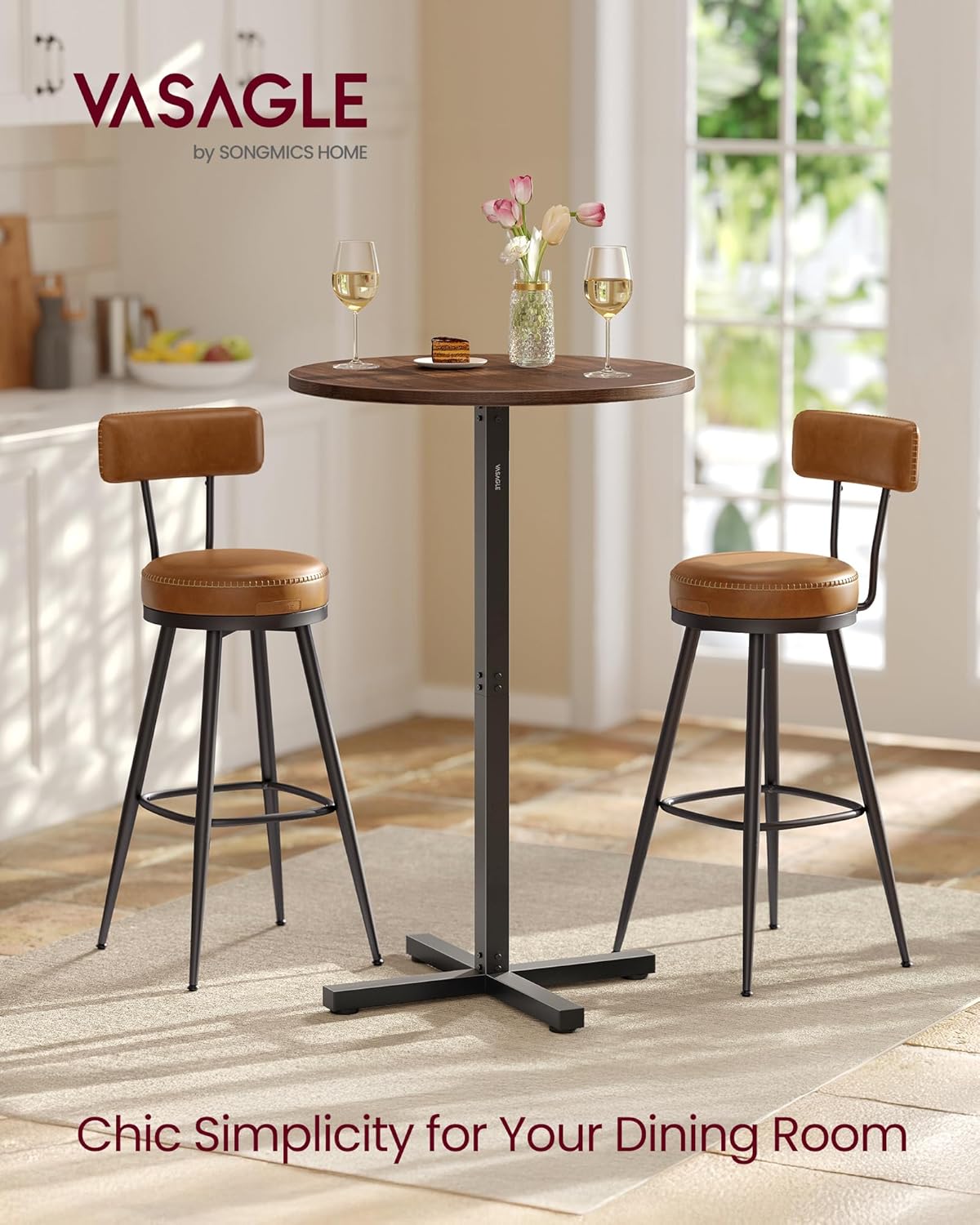 VASAGLE Round Cocktail Table, High Top Bar Pub Table with Metal Frame and Cross Base, for 2-3 People, Modern, Easy to Assemble, 23.6 x 41.1 Inches, Natural Walnut ULBT361K01V1