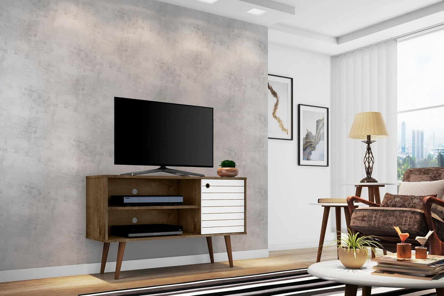 Manhattan Comfort Liberty Mid Century Modern TV Stand for Televisions up to 46 Inches, Bedroom and Living Room Entertainment Center with Storage, Shelves, and Cabinet, 43" Wide, Rustic Brown/White