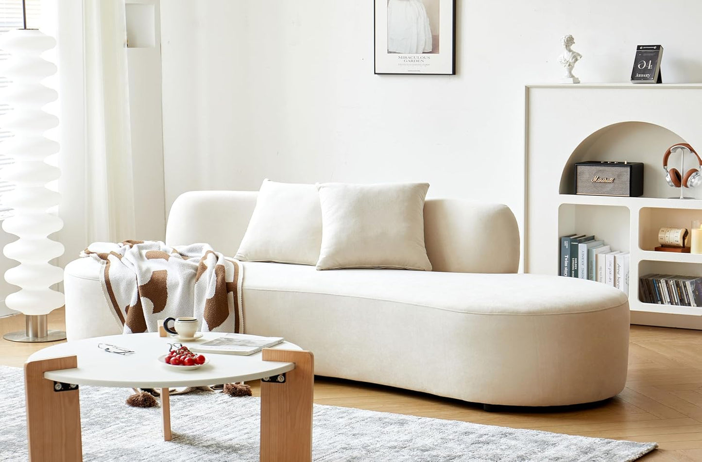 Container Furniture Direct 90" Curved Sofa with Throw Pillows, 4 Seater Luxury Velvet Couch with Half Moon Design and High-Density Foam, Ideal for Modern Living Room, Office & Apartment, Ivory White