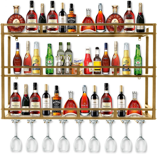 Metal Wine Rack Wall Mounted, Bar Shelves for Liquor Bottles with LED Light, 3 Tier Large Capacity Liquor Rack Wall Mounted with Glass Holder for Home Bar & Dining Room （Gold, 71in/180cm）