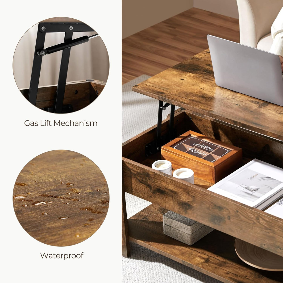 Yaheetech Coffee Table, 47.5in Lift top Coffee Table with Hidden Compartment and Storage Shelf, Lift Tabletop Dining Table for Living Room Reception Room, Rustic Brown