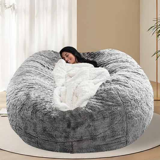 BCU Oversized Bean Bag Cover Comfy Beanbag Chair for Adults Without Filler Faux Fur Lazy Sofa Cover for Living Room Chairs, Grey, 5FT