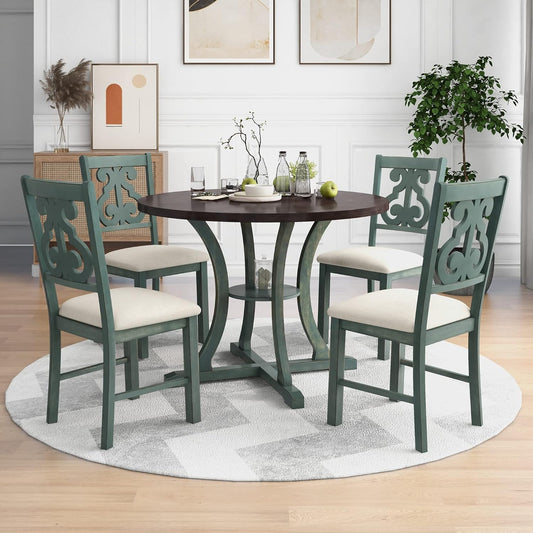 5-Piece Round Dining Table with Special-Shaped Table Legs and Storage Shelf,4 Fabric Chairs W/Cushioned Seat,for Dining Room Living Room,Antique Blue/Dark Brown