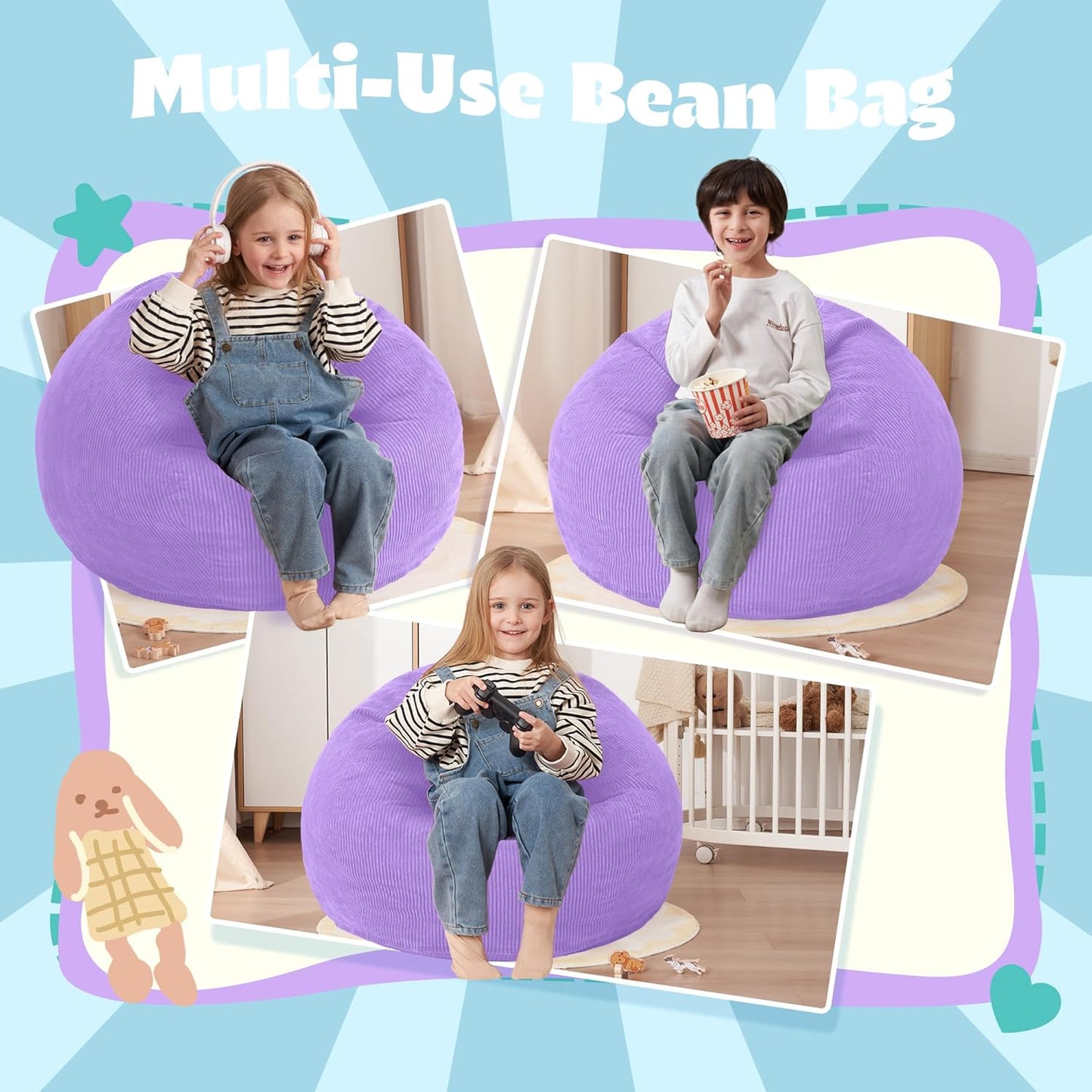 HABUTWAY 2 FT Bean Bag Chair,Giant Bean Bag Chairs,Big Bean Bags with Memory Foam Filled, Large Beanbag Chairs with Soft Corduroy Cover-Purple