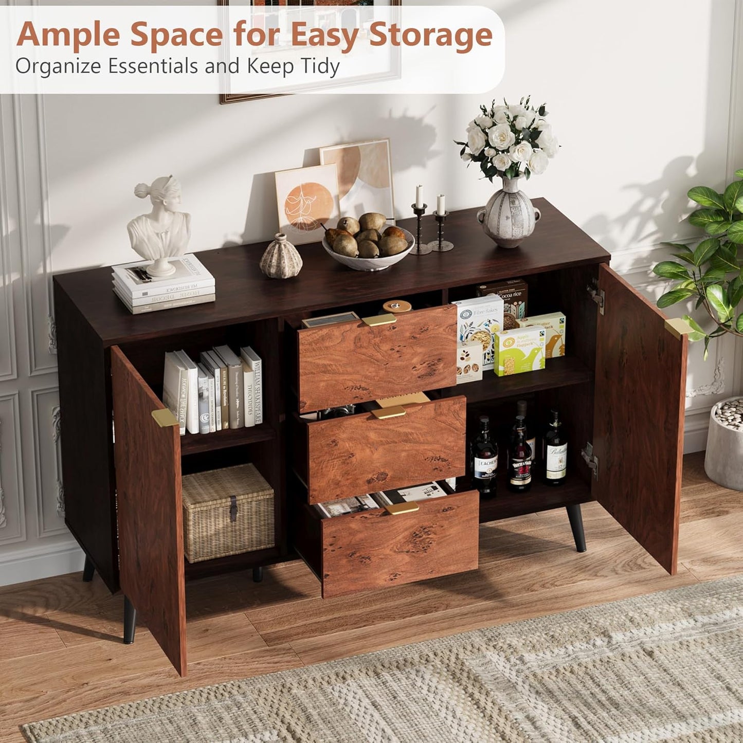 GarveeHome Buffet Cabinet with Drawers, 51.2'' Large Sideboard Buffet Credenza Storage Cabinet with Shelves and Doors, Coffee Station Cabinet with Metal Handle, Robot Vacuum Friendly (Walnut)