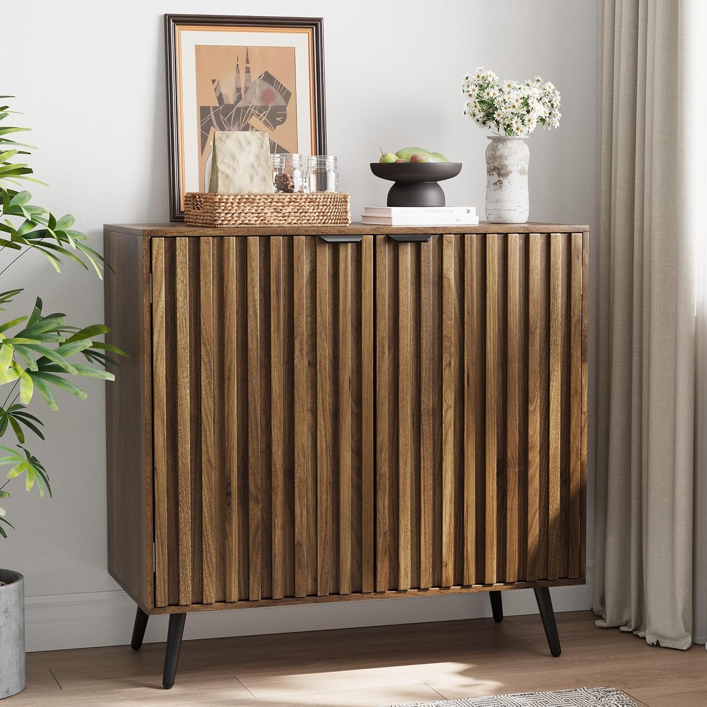Semiocthome Walnut Buffet Cabinet with Storage, Sideboard Cabinet with Fluted Doors and Metal Legs, Storage Cabinet with Adjustable Shelf, Accent Table for Living Room, Dining Room, Kitchen, Entryway