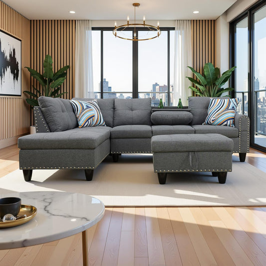 97.5" Oversized Sectional Couch, L Shaped Couch with Storage Ottoman, Modern Modular Sofa with Deep Seat, Sectional Couches for Living Room and Office, Grey (Linen)