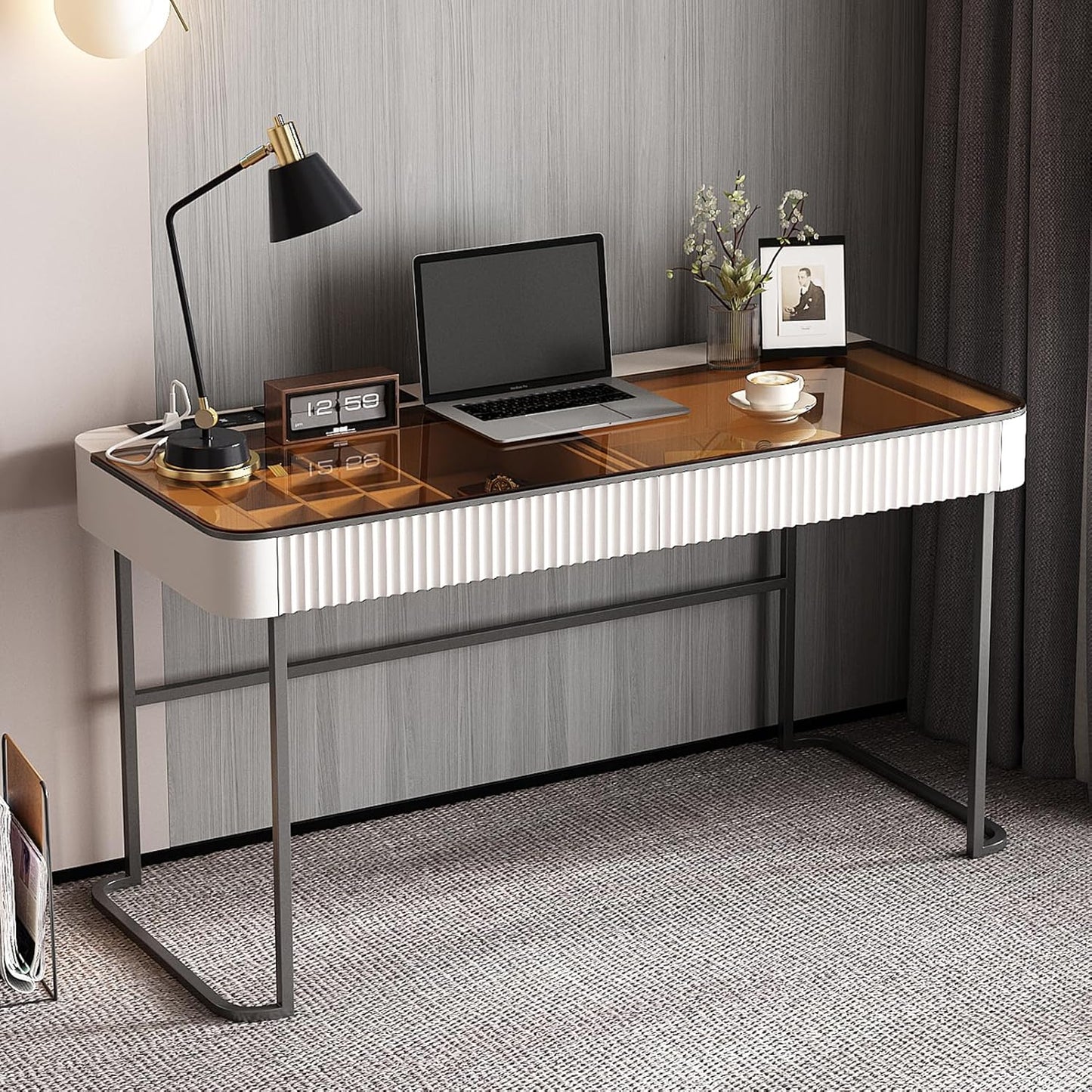 Lartis Office Desk with Drawer - Writing Desk with Intelligent Socket Computer Desk with USB Port Compartmentalized Storage for Home Office Working Gaming