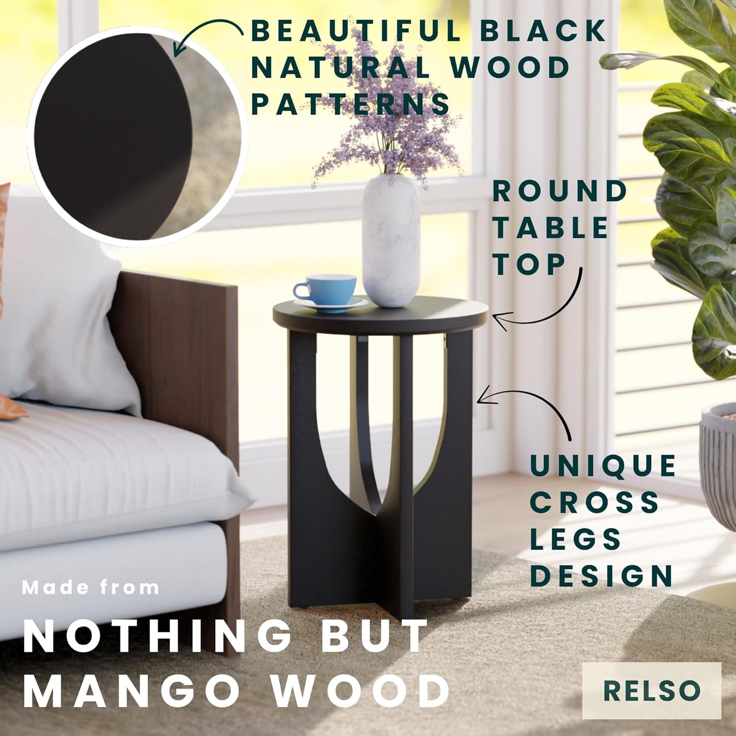 Stupa Solid Wood End Table – 22" Tall Round Side Table for Living Room or Bedroom, Handcrafted Accent Table in Distressed Black Finish, Easy Assembly, Modern Minimalist Design for Small Spaces