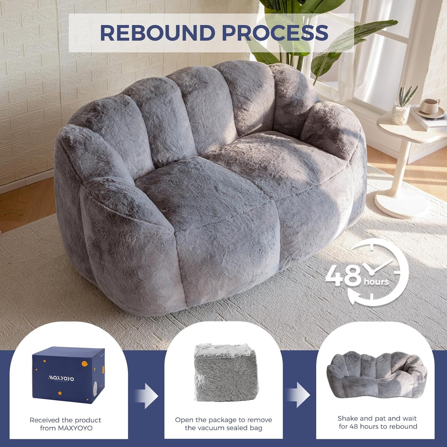 MAXYOYO Bean Bag Chair for Adults, Loveseat Floral Shaped Bean Bag Sofa, Ultra Soft Love Seat Mini Sofa Couch, Faux Fur Reading Chair for Living Room Bedroom, Dark Grey