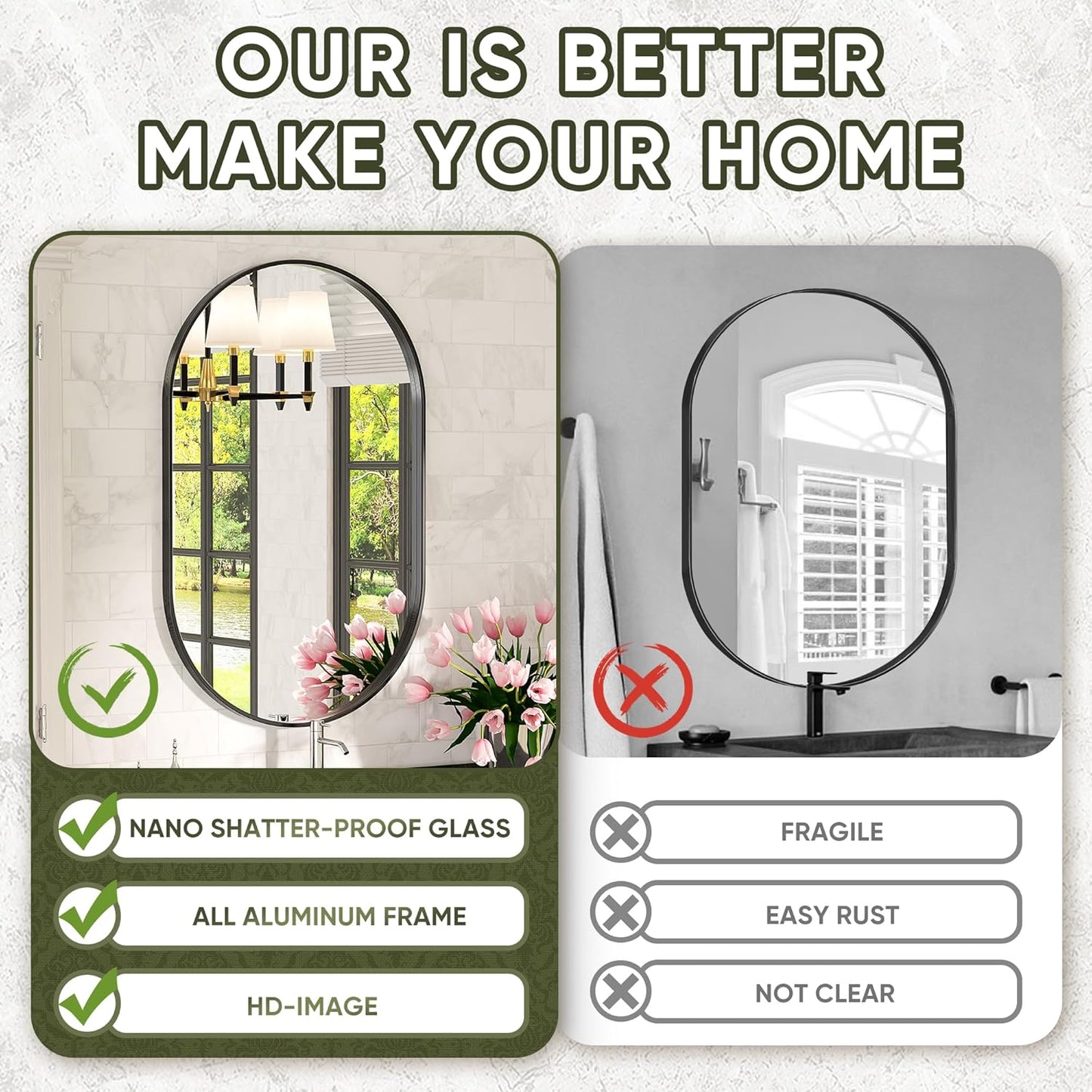 Suidia 26" x 38" Bathroom Mirror, Bathroom Vanity Mirror Metal Framed, Wall-Mounted Mirrors for Bedroom, Living Room, Entryway, Hallway, Black, Oval Style