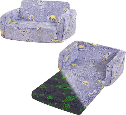 Foldable Kids Sofa,Soft Kids Fold Out Couch Glow in The Dark,Convertible Sofa to Lounger Toddler Sofa Chair(Space
