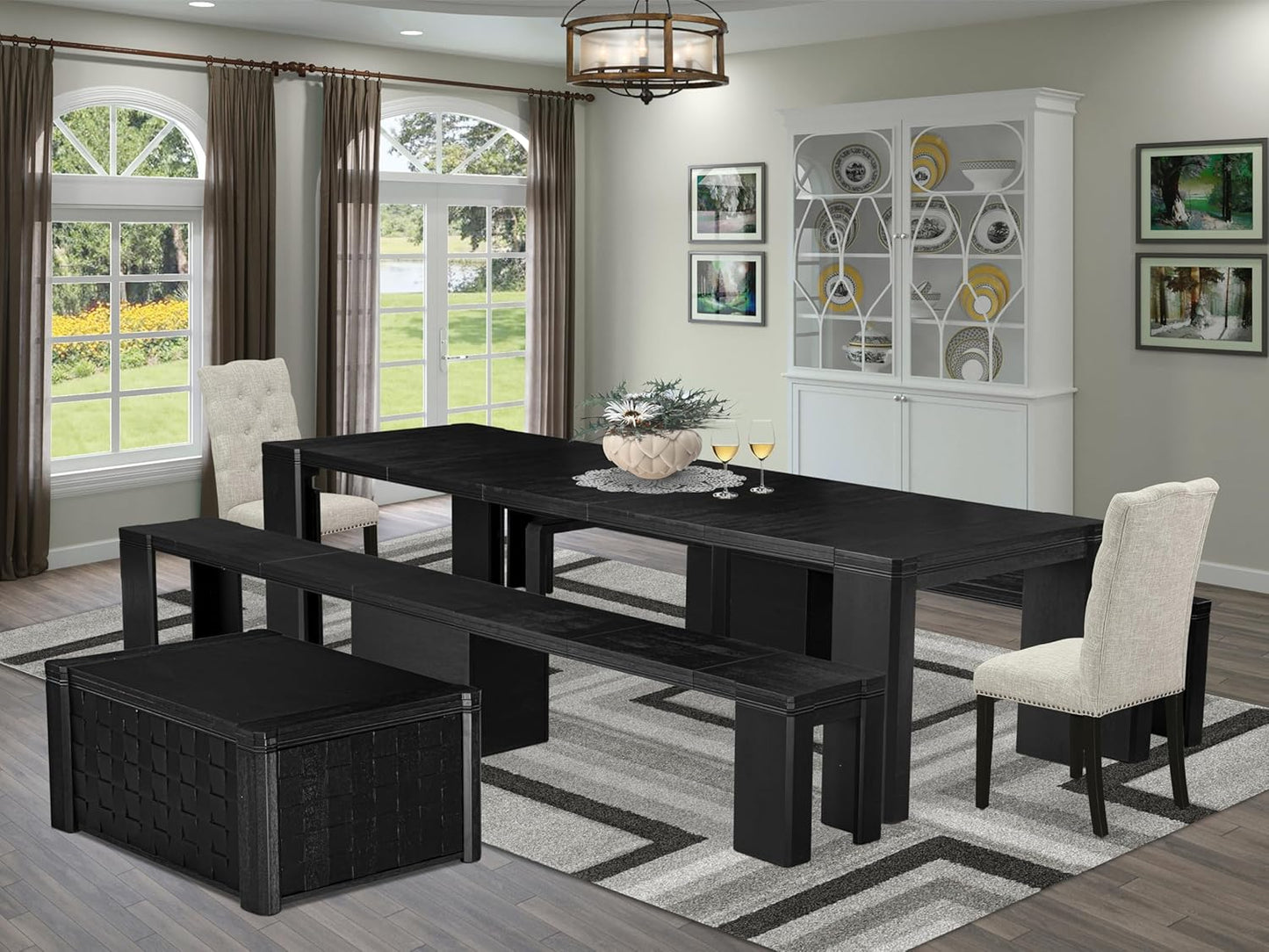 X02EL-2C6-35 - 6-piece Dining Table Set a Dining Table with a coffee Table and 2 wooden Benches and 2 Doeskin Linen Fabric kitchen Chair, 39x120 Inch, Wire Brushed Black