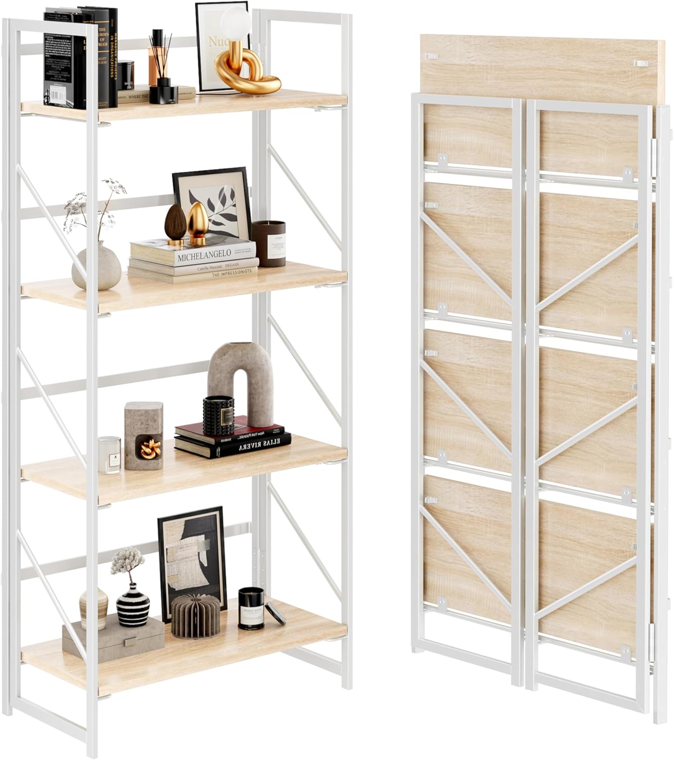 JSB No Assembly Folding Bookshelf, 4 Tier Industrial Metal Book Shelf for Storage, Vintage Wood Foldable Bookcase for Living Room, Bedroom, Office Organization Shelves