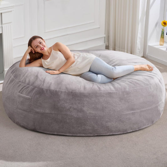 Hobestluk 6ft Bean Bag Chairs for Adults Large Beanbag Chair with Plush Faux Fur Cover Big Bean Bag Chair for Living Room Bedroom Dorm Office - Grey (70" x 70" x 15")