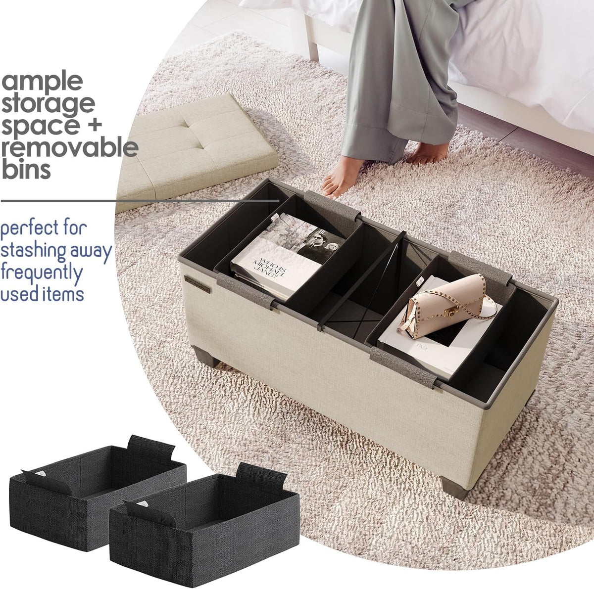STORAGEBUD Storage Ottoman Bench with Bins, 30-in Storage Bench for Bedroom End of Bed, Folding Foot Rest Ottoman for Living Room Max 660lbs, Fabric Ottomans, Beige