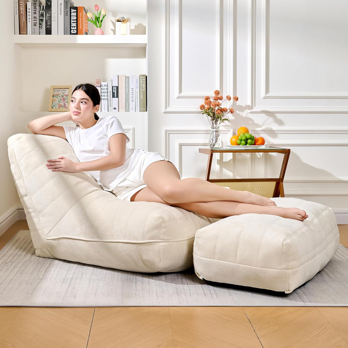 Bean Bag Chair with Ottoman, Comfy Bean Bag Sofa with Memory Foam, Lazy BeanBag Sofa with Footstool, Fireside Bean Bag Couch for Living Room, Bedroom, Apartment (Off White)