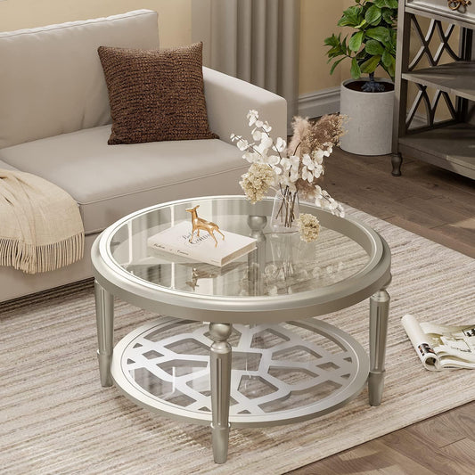 COSIEST Glass Coffee Table, 32" Round Coffee Tables with Storage, 2-Tier Glass Top, Clear Coffee Table, Simple & Modern Center Table for Living Room or Home Office (Champagne)