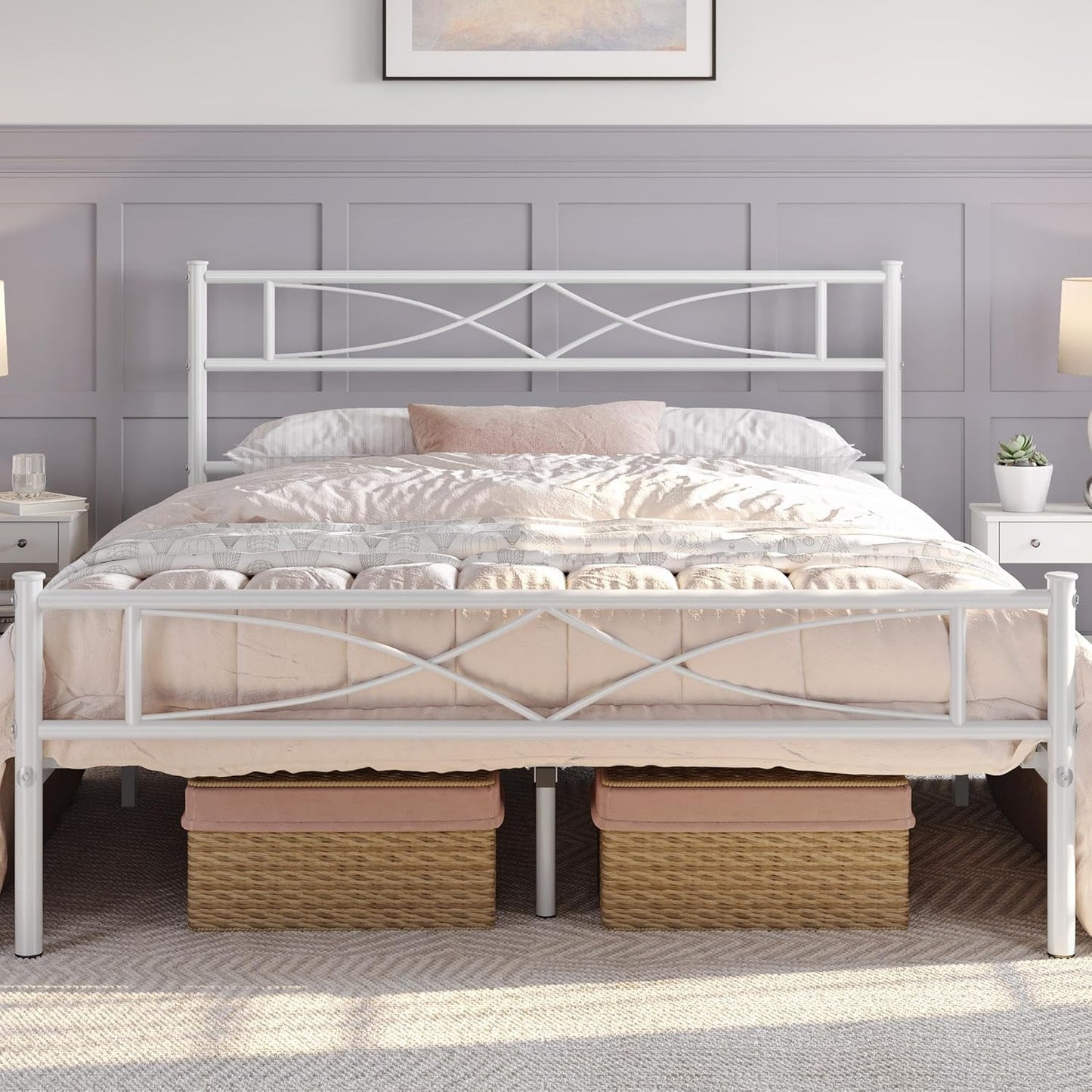 Yaheetech Metal Full Size Bed Frame, Platform Bed Frame, Mattress Foundation with Curved Design Headboard & Footboard, NO Box Spring Needed, Heavy-Duty Support, Easy Assembly, Full, White