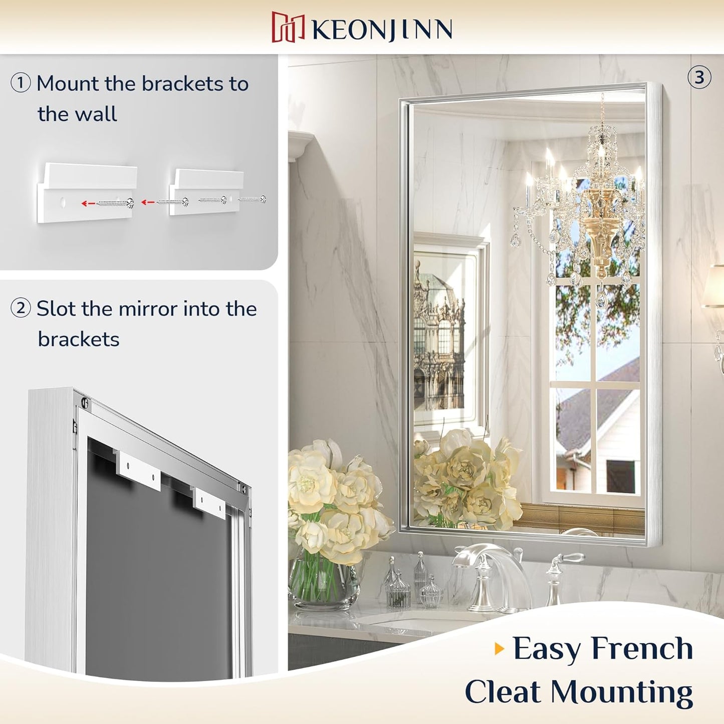 Keonjinn 55 x 30 in Brushed Silver Bathroom Vanity Mirror, Large Silver Framed Mirror for Over Sink, Metal Framed, Rectangle Square Corner, Modern Farmhouse Decorative(Horizontal/Vertical)