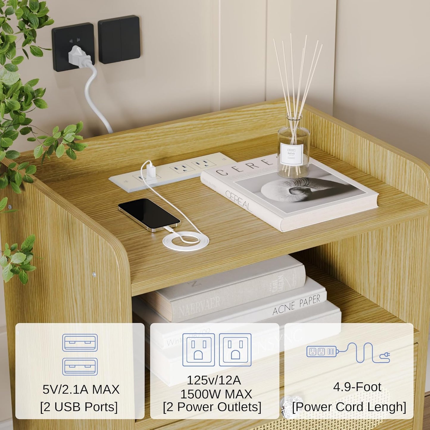 End Table Set of 2 with Charging Station, Diamond Décor Nightstands Set of 2, Bedside Table Set of 2 with Solid Wood Legs, Light Oak