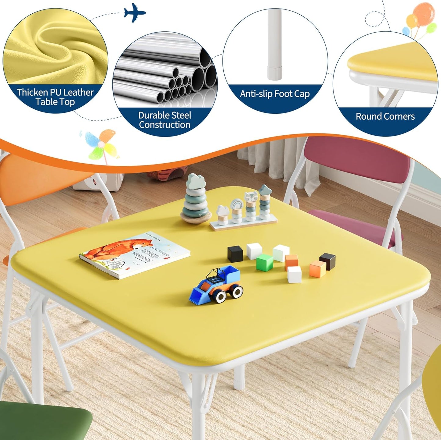 GarveeHome 5-Piece Kids Folding Table and Chairs Set, Toddlers Children's Activity Table and Chairs Set for Dining Room,Daycare,Classrooms