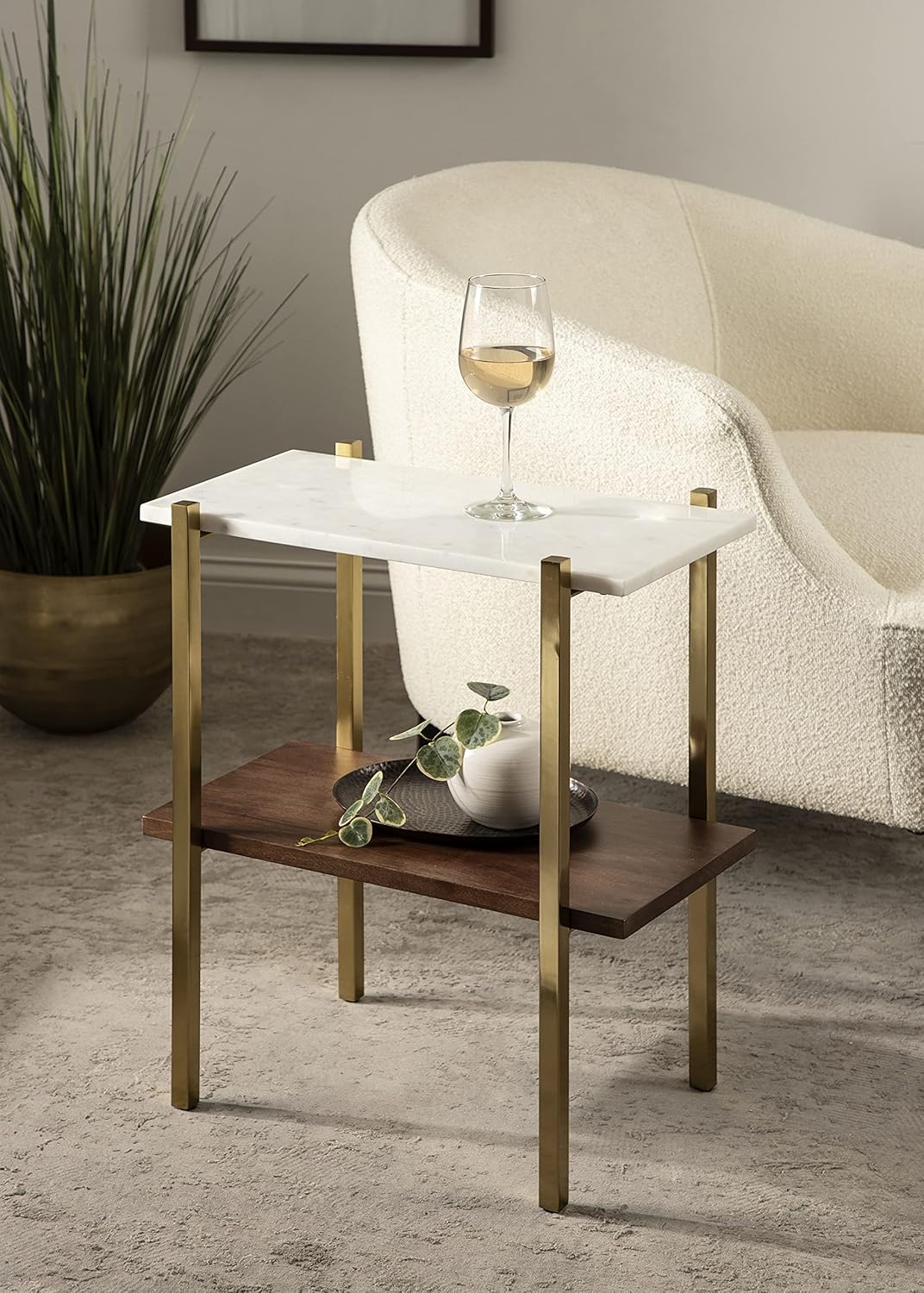 Kate and Laurel Abcott Midcentury Side Table, 20 x 12 x 24, Walnut Brown and Gold, Decorative Two-Tier Bedroom Nightstand Table with Genuine Marble Tabletop