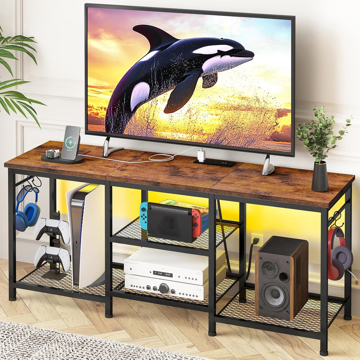 YGEOMER TV Stand Entertainment Center for 55 Inch TVs, with Charging Station and Lights Open Storage Shelves, TV Media Console, Open Storage Shelf with Sound Rack for Living Room, Rustic Brown