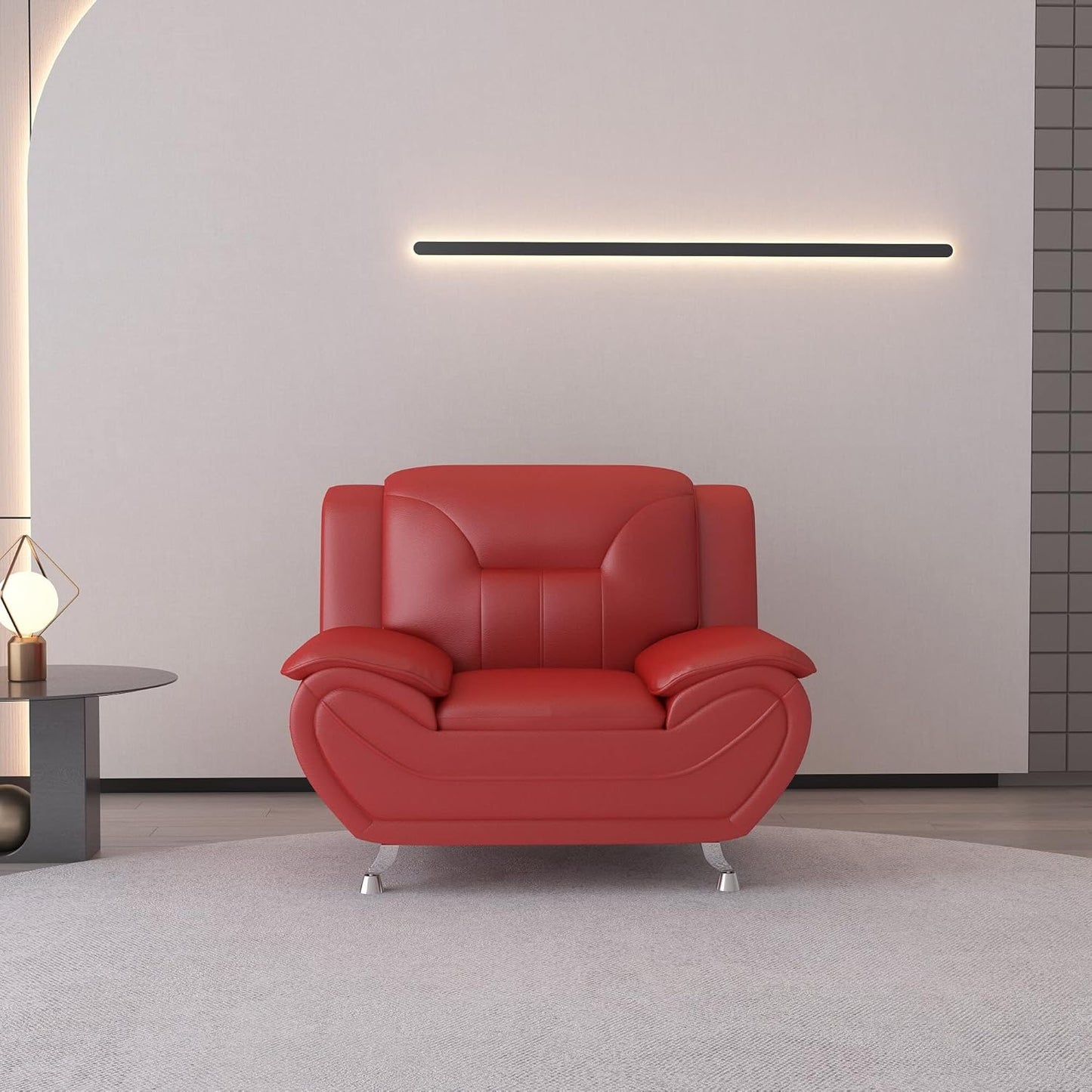 Container Furniture Direct Michael Modern Faux Leather Upholstered Stainless Steel Legs Living Room, Chair, Loveseat, Sofa, White Dove