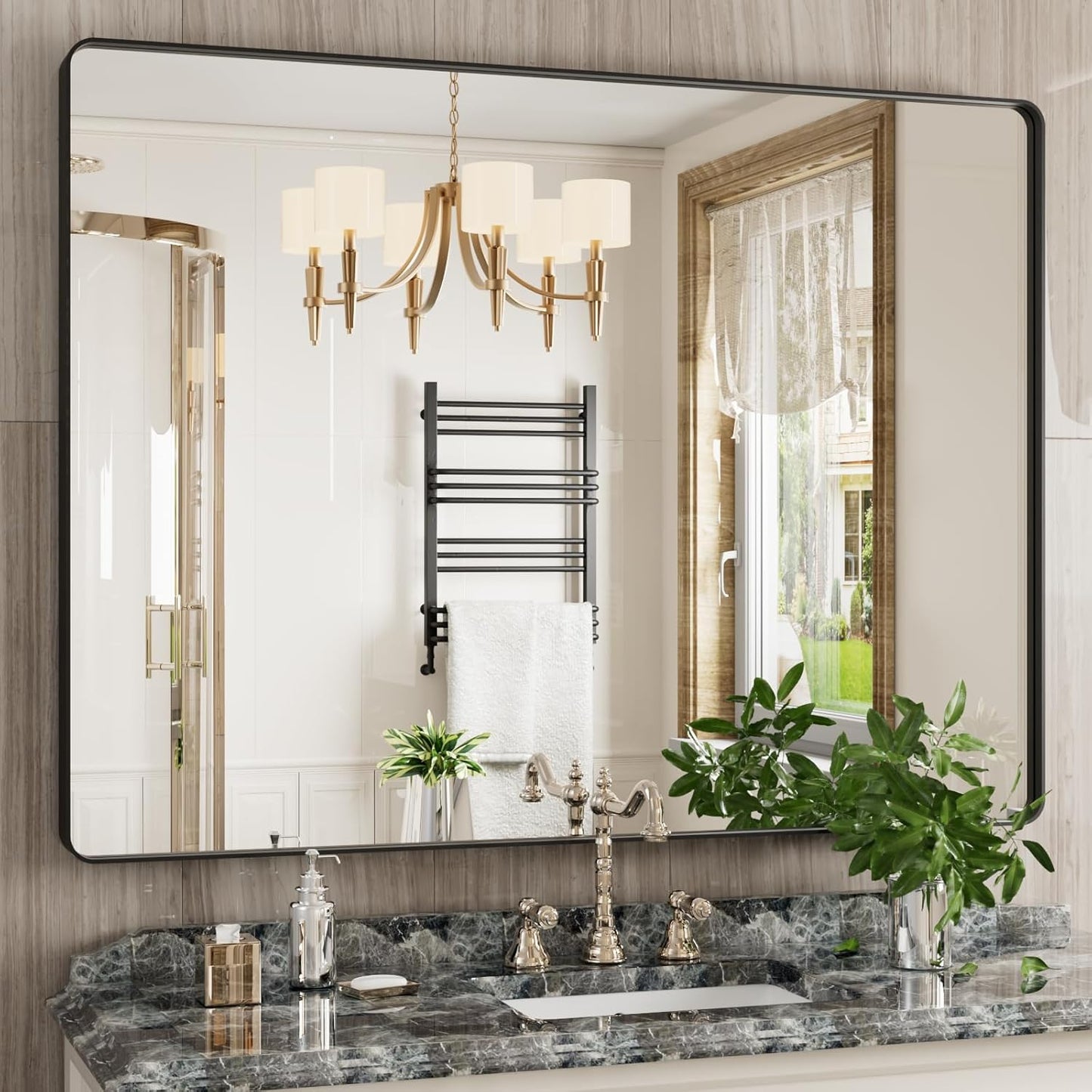 Black Bathroom Mirror 48X36 Inch, Black Metal Framed Mirror for Wall, Rounded Rectangle Matte Bathroom Vanity Mirror with Tempered Glass, Anti-Rust, Horizontal/Vertical