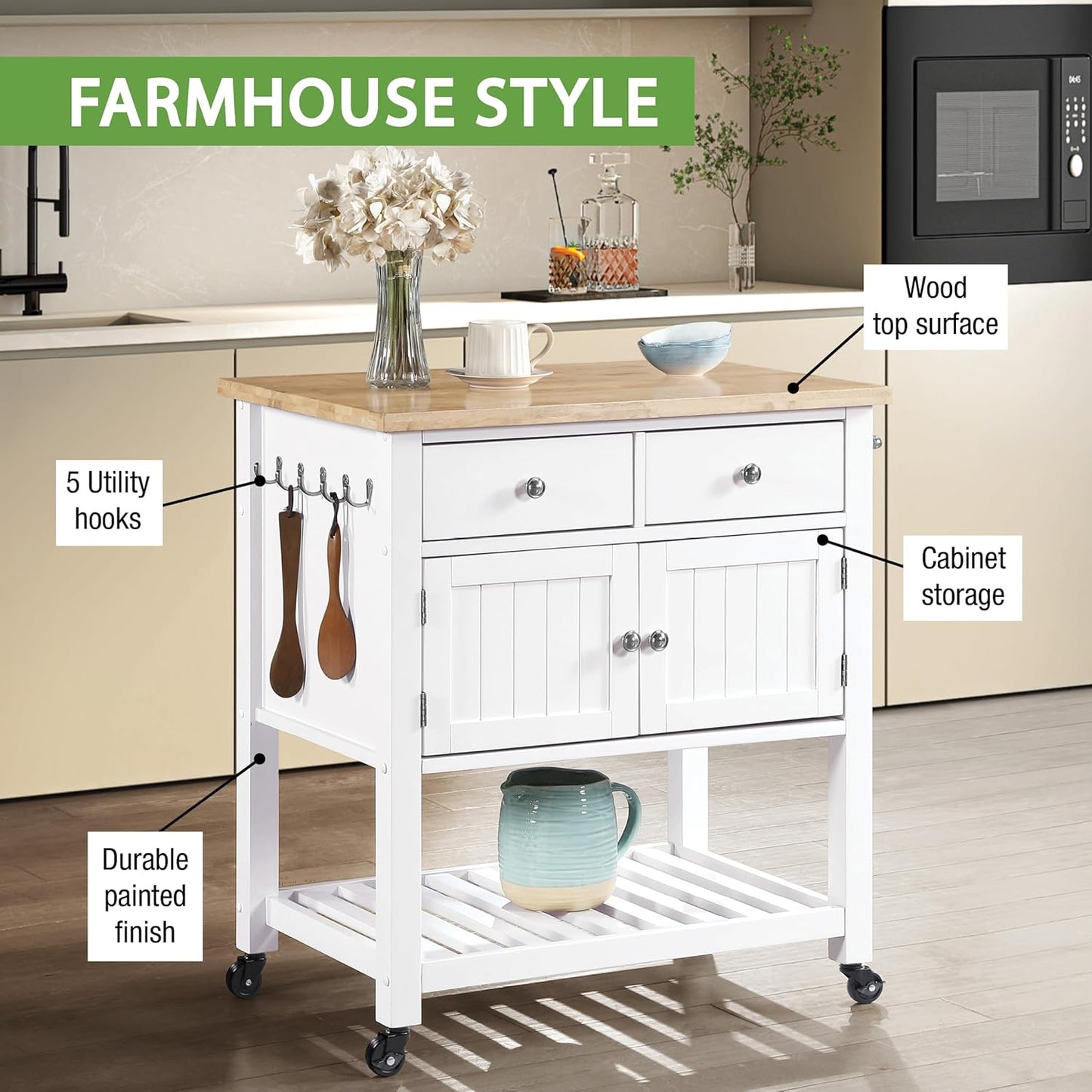 OSP Home Furnishings Stirling Farmhouse Kitchen Cart, Rolling Storage Cabinet with Drawers, Shelf, 5 Utility Hooks, White with Wood Top
