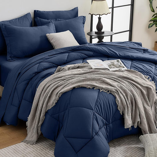HEVUMYI Navy Blue Cali-King Comforter Set - 7-Piece All Season Bed in a Bag Cali-King, Ultra Soft Bedding Set with Comforter, Flat Sheet, Fitted Sheet, Pillowcases, Pillow Shams, Navy Blue