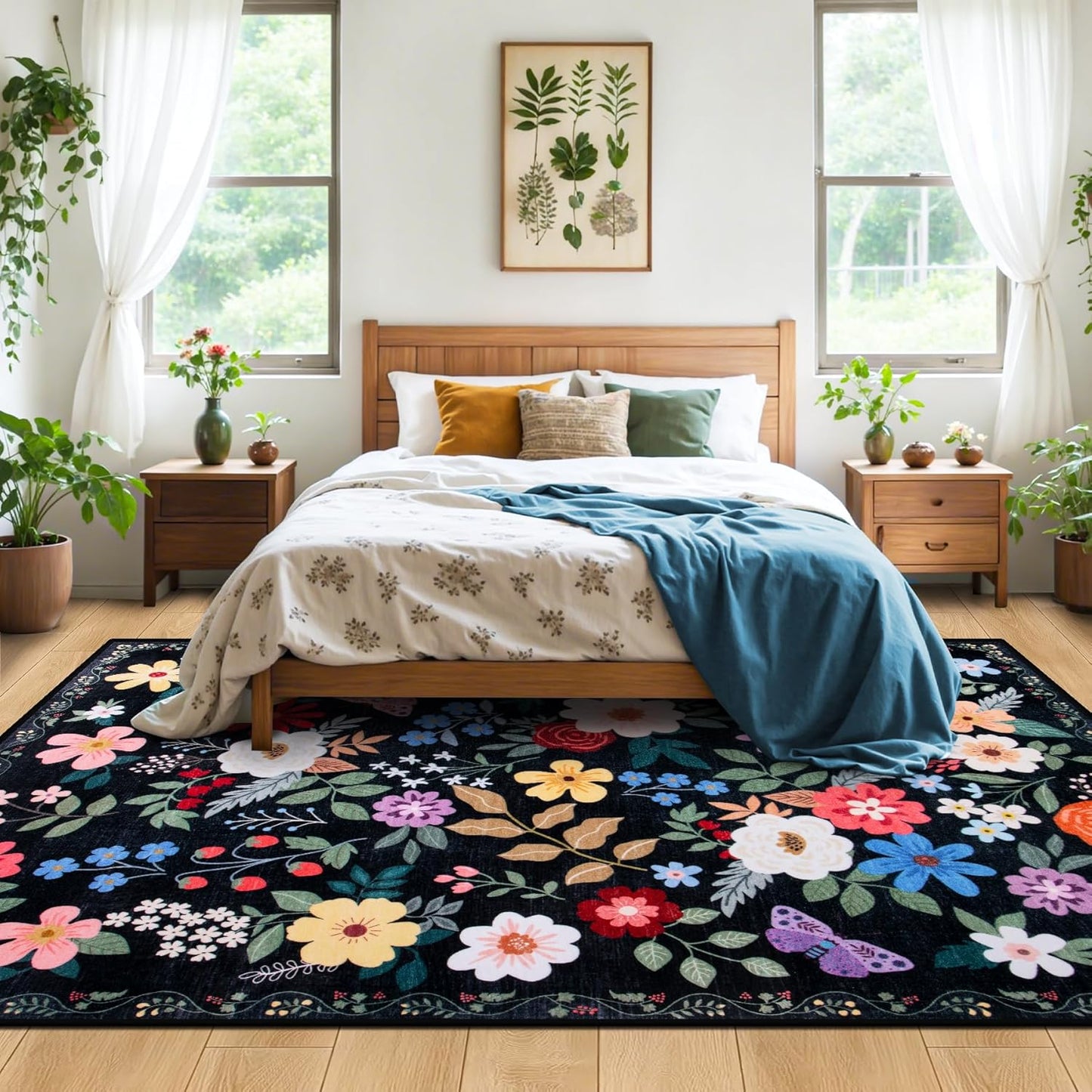 8x10 Area Rugs for Living Room: Washable Rug Vintage Large Soft Boho Floral Non-Slip Carpet Indoor Floor Stain Resistant Thin Carpets for Bedroom Dining Room Farmhouse Nursery Home Office Black