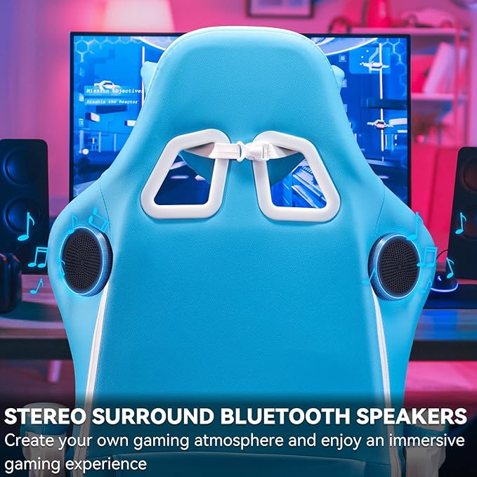 HOFFREE Gaming Chair with Speakers Massage Computer Gaming Chair with Pocket Spring Cushion for Adults Reclining Gamer Chair with Bluetooth Video Game Chairs with Footrest Sky Blue and White