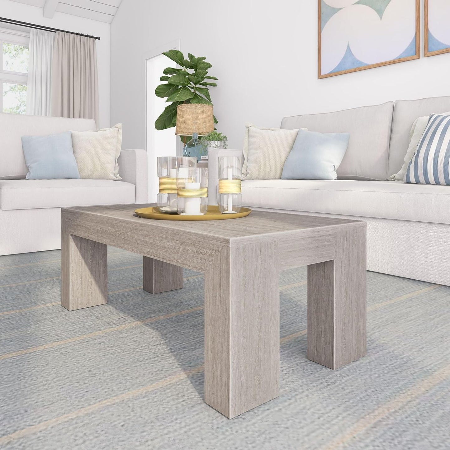 Plank+Beam Modern Rectangular Coffee Table, 40", Rectangle Coffee Table for Living Room, Mini Center Tables for Small Spaces, Small Living Space Tea Table, Seashell Wirebrush
