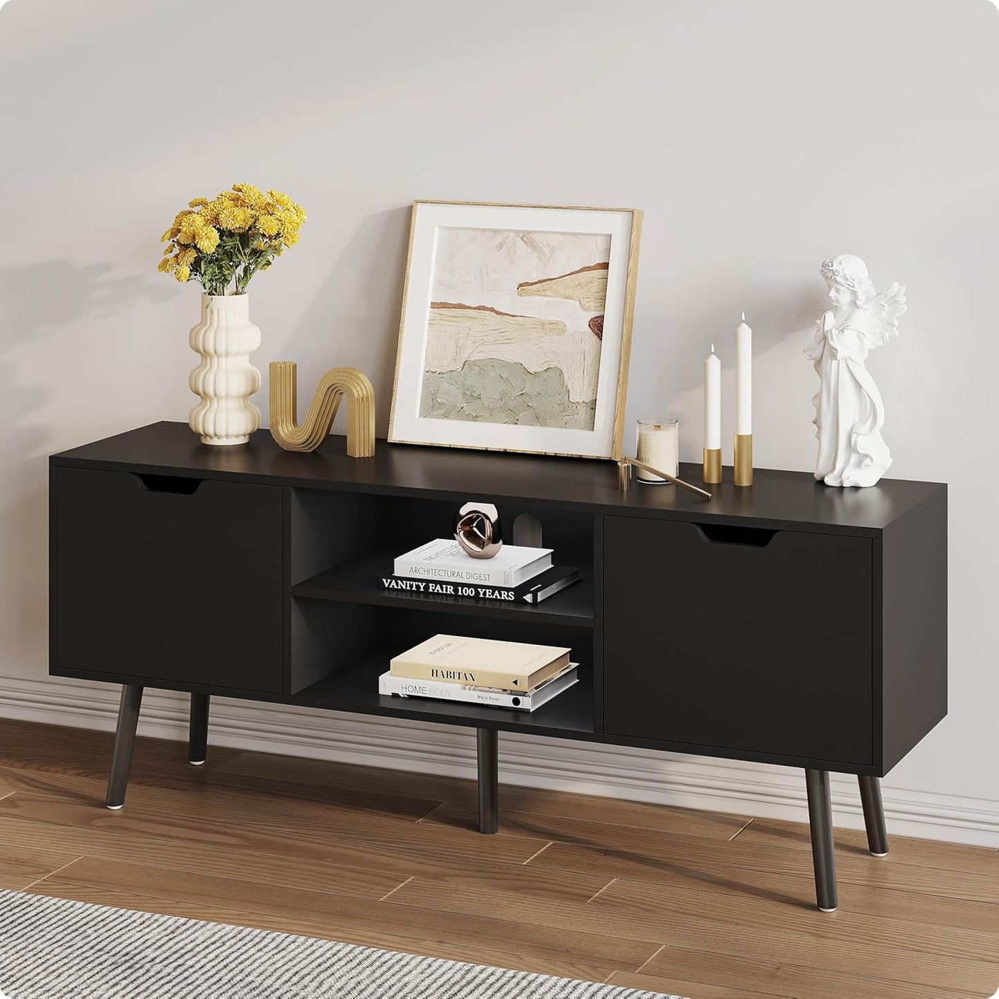 ALINE FURNITURE Black TV Stand for 50 55 60 inch TVs - Media Console with 2 Cabinets & Open Shelves, Solid Wood Legs - TV Consoles for Living Room - 22" H Entertainment Center for Bedroom