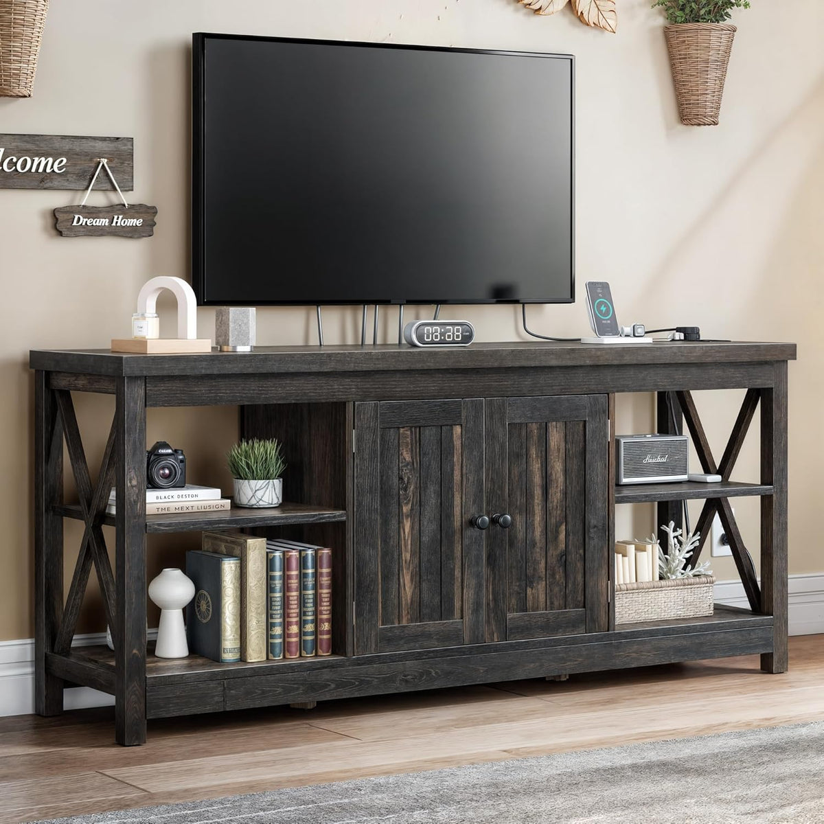 YITAHOME TV Stands for Living Room, Modern Entertainment Center with Power Outlet for Television up to 65 Inch, Farmhouse Media Console TV Cabinet with Adjustable Shelf & Open Shelves, Dark Rustic Oak