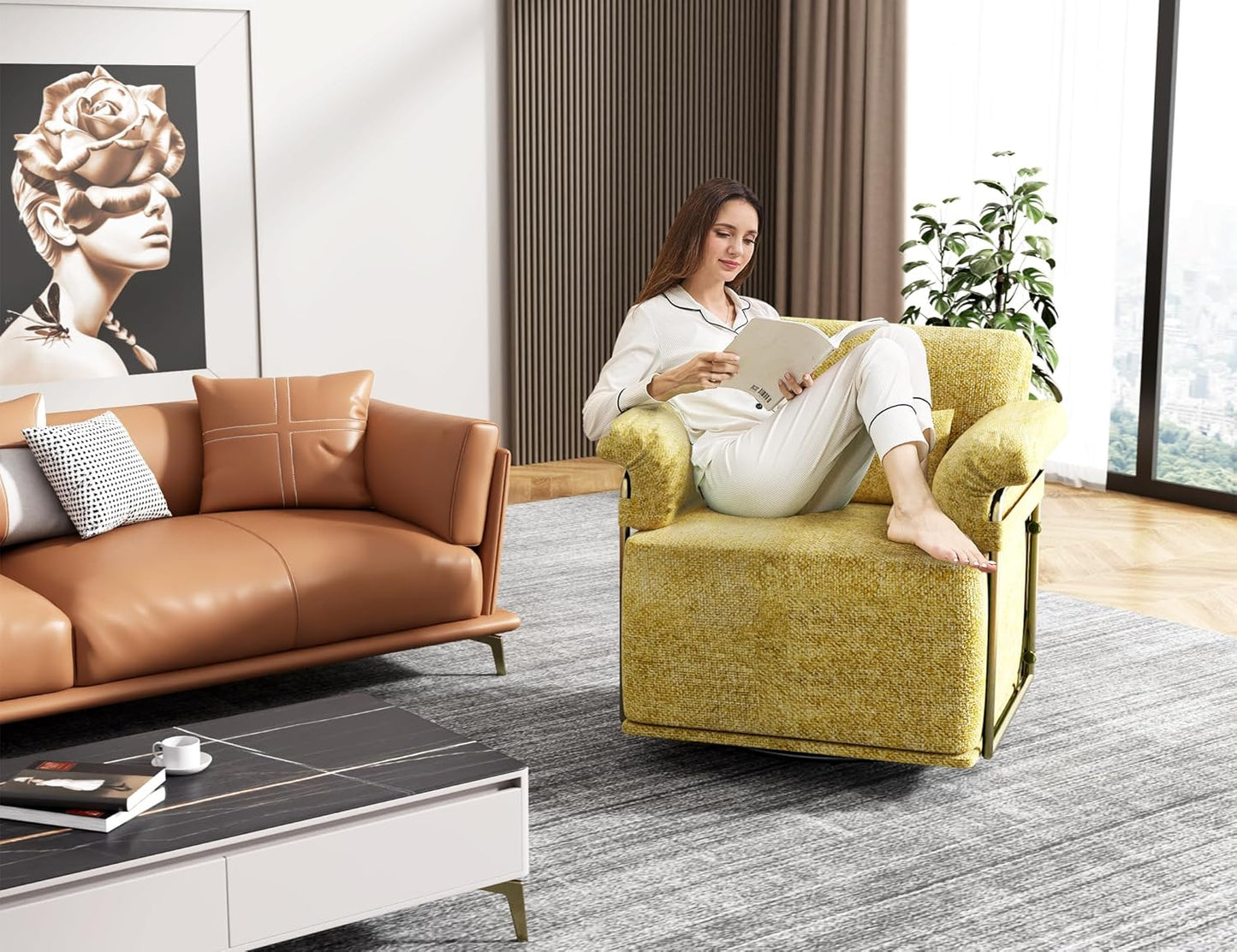 KEIKI Modern Comfy Swivel Accent Reading Chair with Waist Pillows, 360°Square Upholstered Barrel Armchair Single Club Lounge Sofa Chairs for Living Room,Bedroom,Office,Yellow
