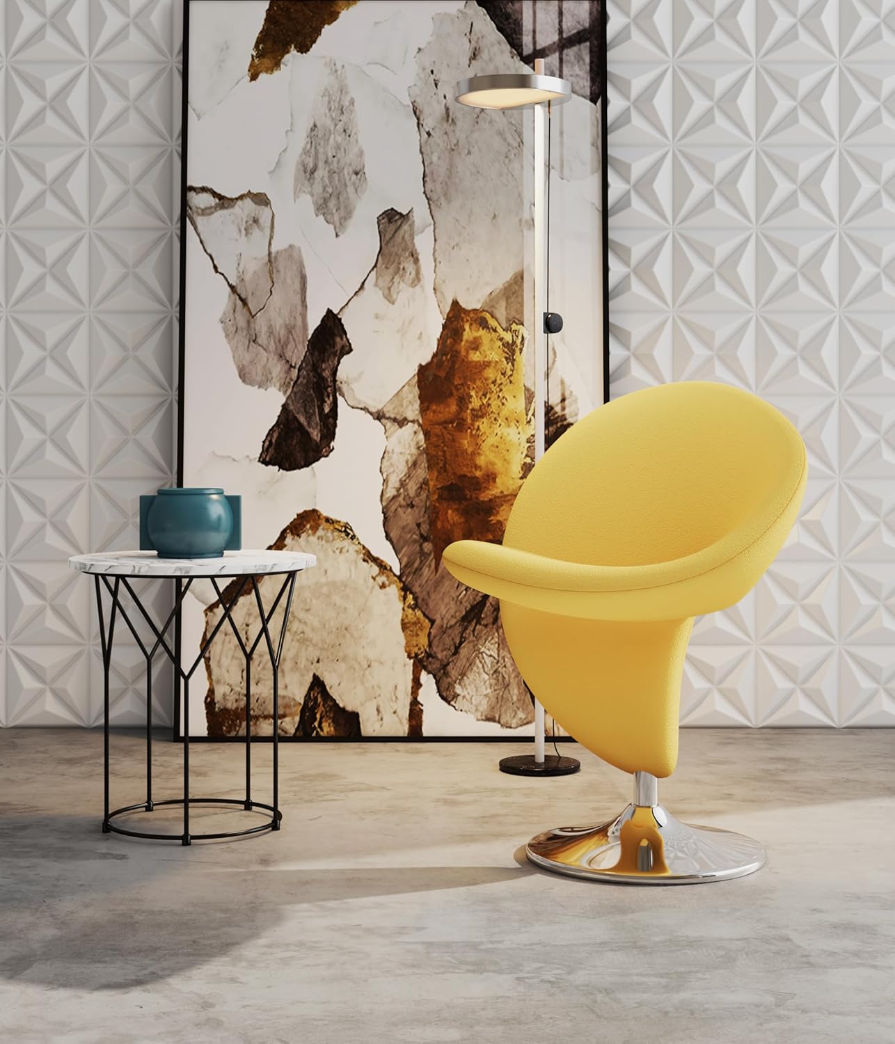 Manhattan Comfort Curl Swivel Accent Chair with 360° Turn, Fully Assembled, Upholstered in Wool Blend, Modern Ergonomic Design with Polished Chrome Base, Living Room & Office, Set of 1, Yellow