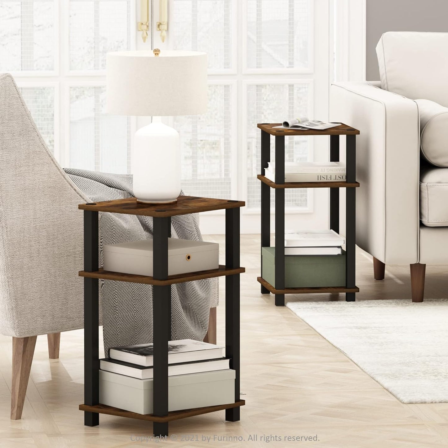 Furinno Just 3-Tier Turn-N-Tube End Table, 2-Pack, Amber Pine/Black