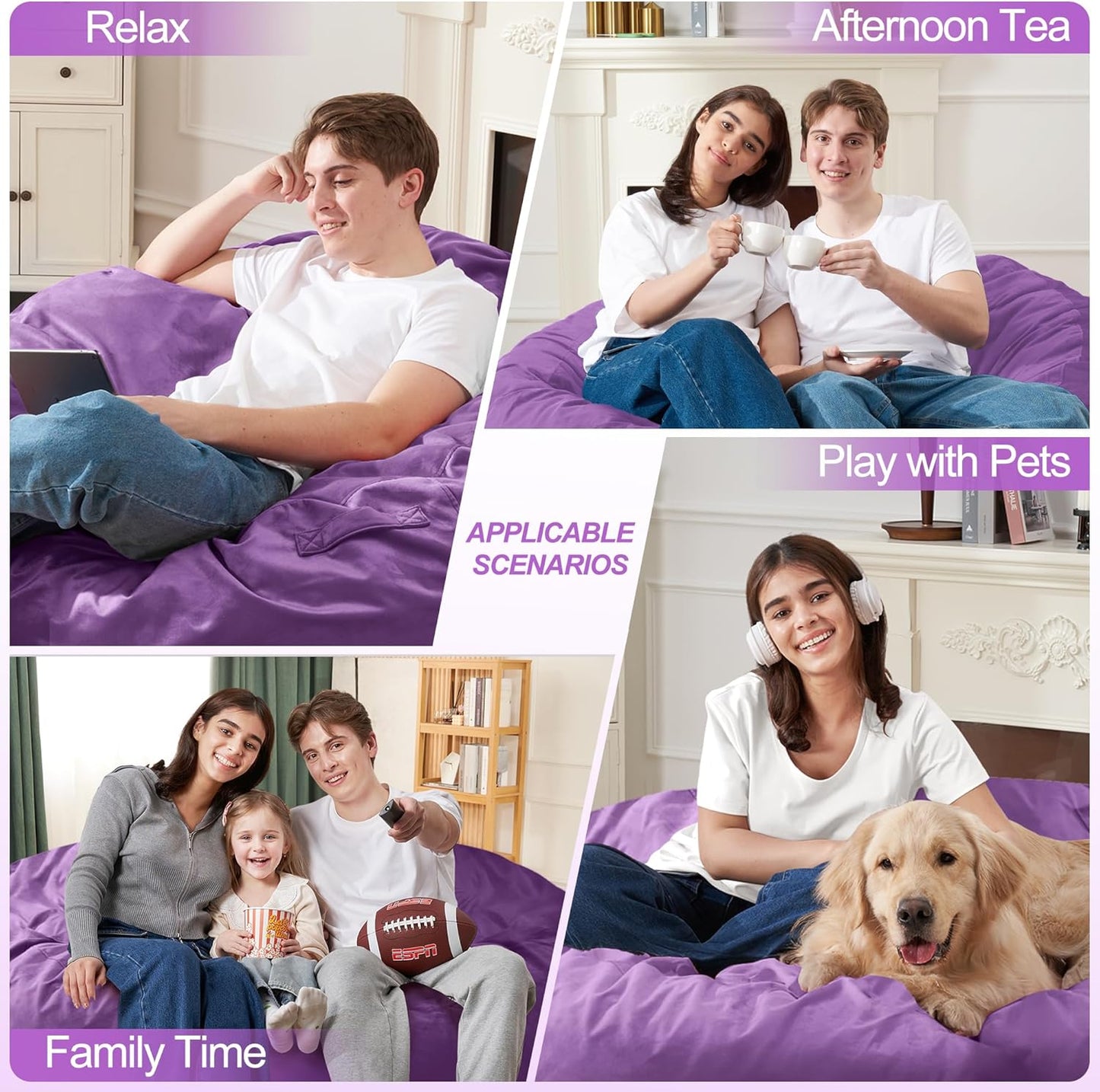 Homguava 3FT Bean Bag Chair: 3' Bean Bags with Memory Foam Filled, Large Beanbag Chairs Soft Sofa with Dutch Velvet Cover-Purple
