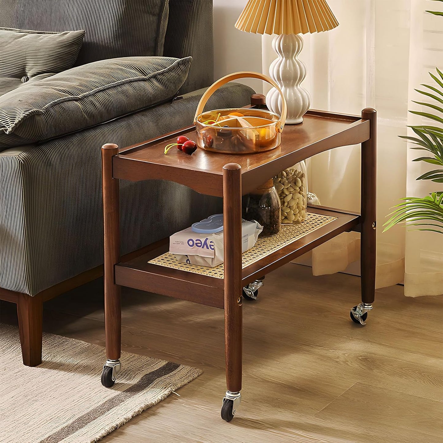 Rattan Side Table with Wheels, Small End Table with Storage, Narrow Wooden Bed Side Table for Living Room, Modern Slim Sofa Nightstand, 23.43" W*12.99" D*19.69" H, (Walnut)