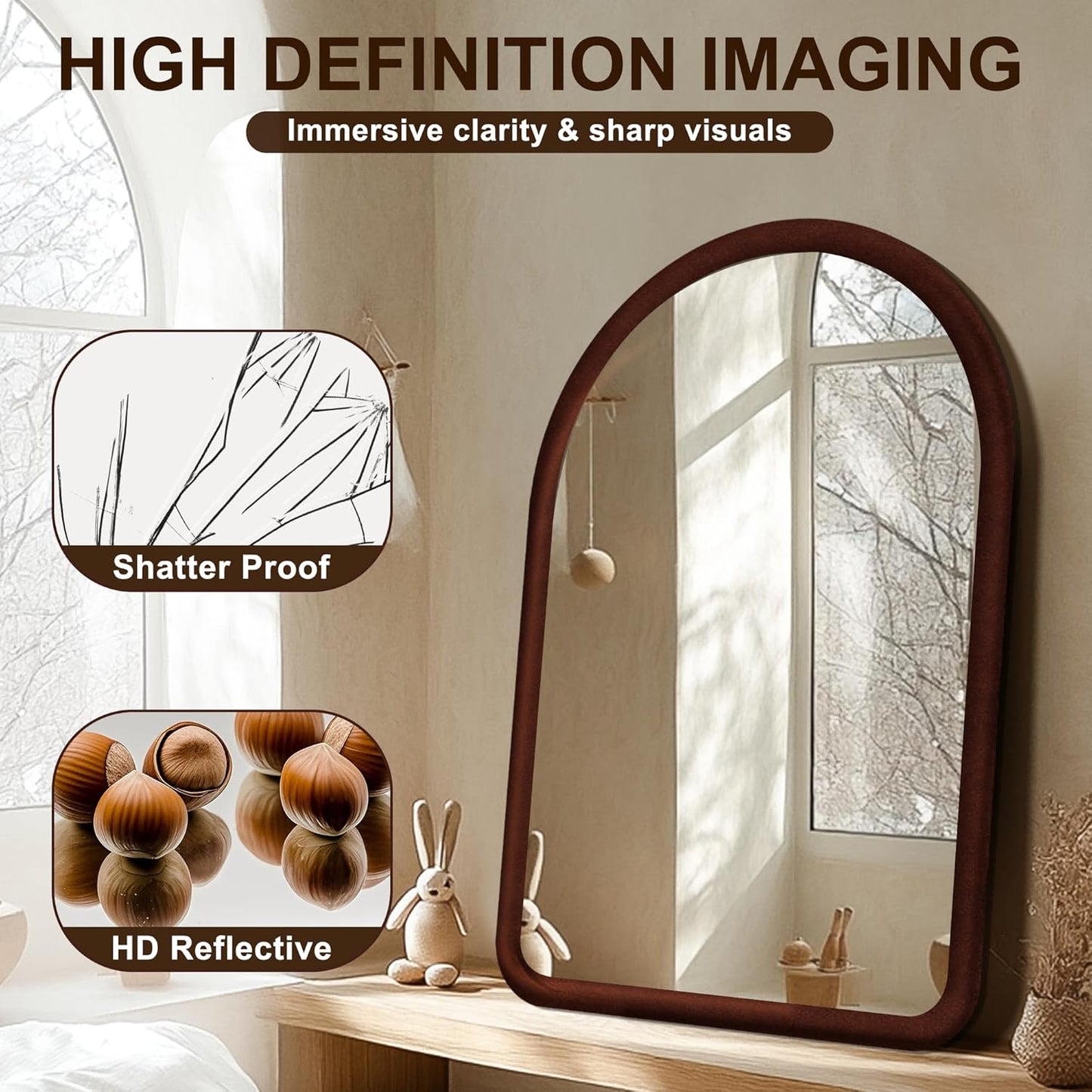 36"x24" Arched Bathroom Mirror, Wall Mounted Vanity Plush Flannel Frame Mirror for Bedroom, Entryway, Living Room, Dark Brown