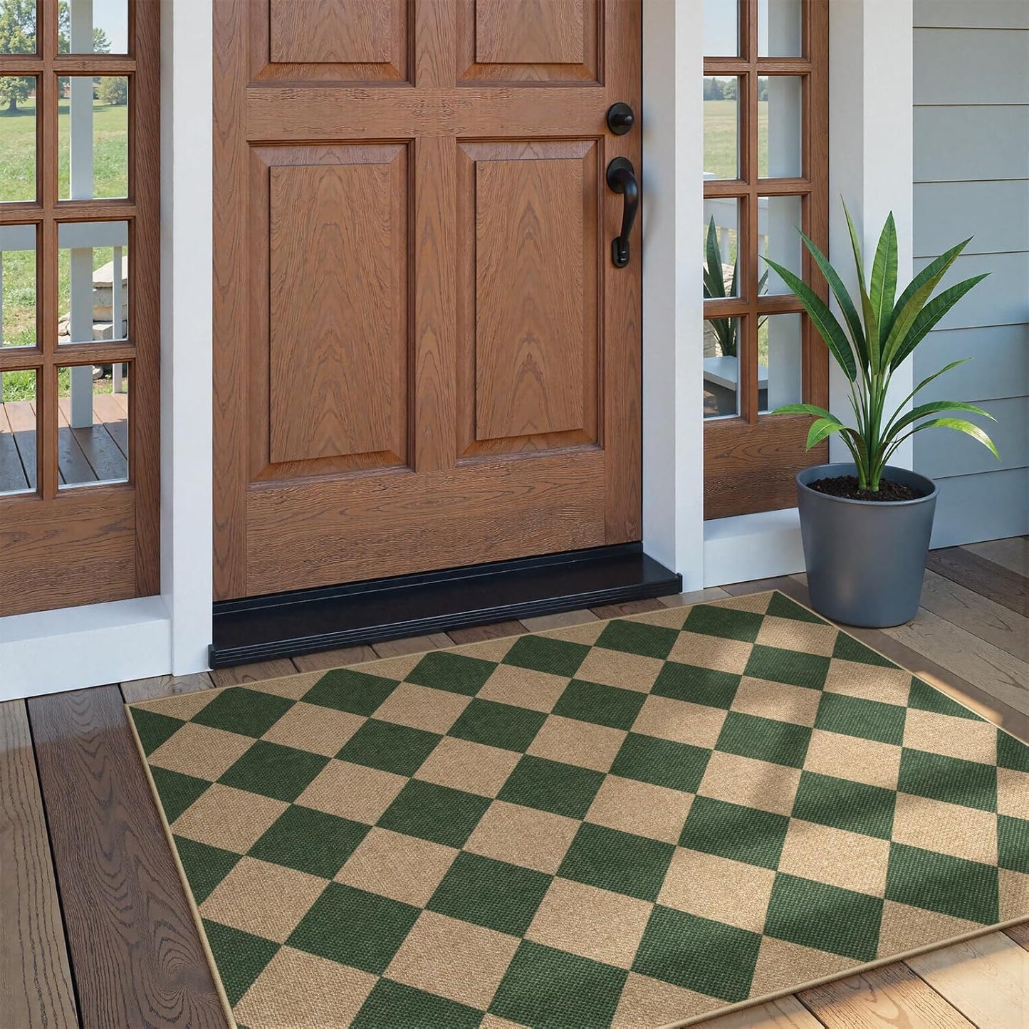 Lahome Checkered Outdoor Patio Easy Jute Rug, 3x5 Dark Green Washable Front Porch Door Rug, Farmhouse Indoor Outdoor Carpet Non Slip Non Shedding Carpet for Entryway Living Room Deck
