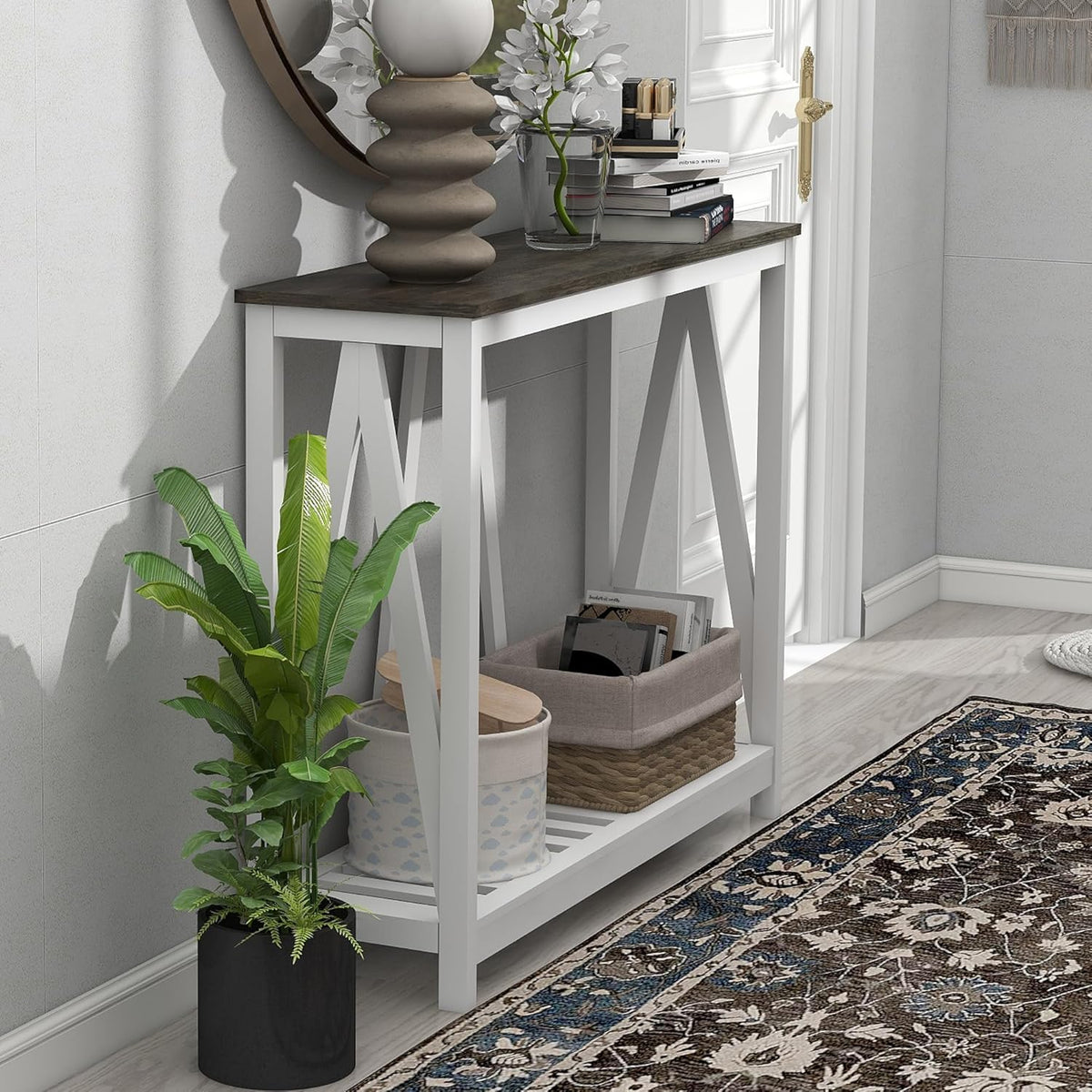 Farmhouse Console Table for Entryway, 39.3 Inch Sofa Table with Storage Shelf, Hallway Table, Narrow Behind Couch Table for Foyer, Living Room，Dark Oak