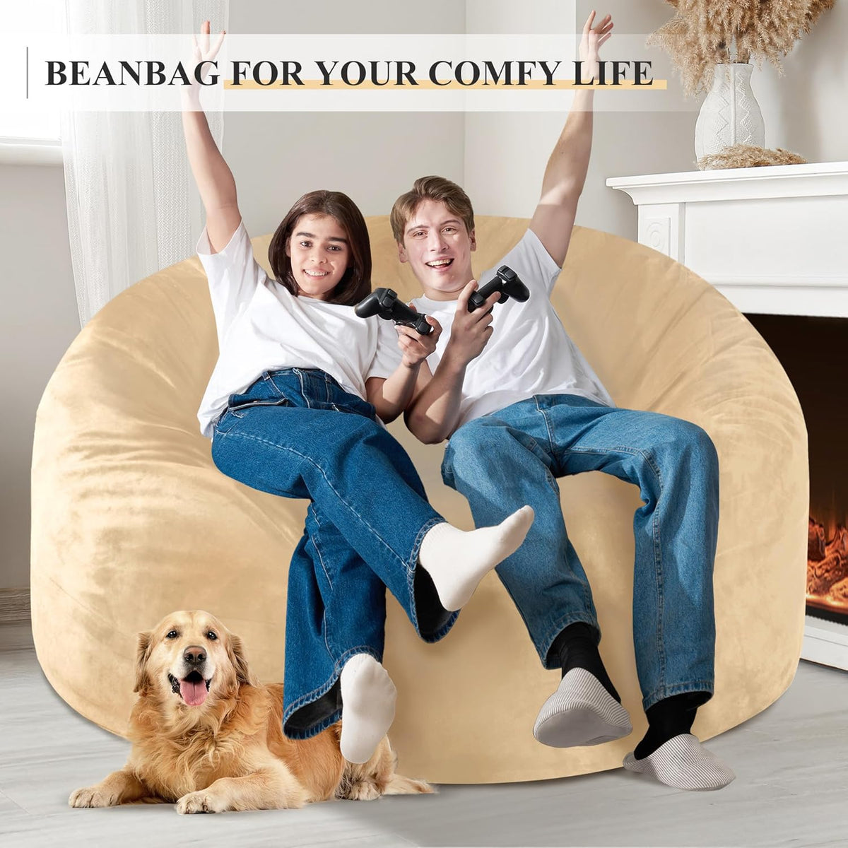 Homguava 5FT Bean Bag Chair Giant BeanBag with Memory Foam Filled, Comfy Bean Bag Chairs for Adults, Adult Bean Bag Chair with Dutch Velvet Cover for Living Room Bedroom-Khaki
