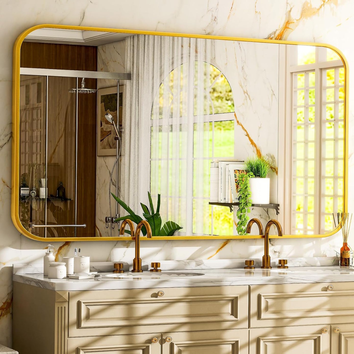 26 x 38 Inch Bathroom Mirror, Rounded Rectangular Vanity Mirror for Wall, Modern Mirror for Room Decor, Gold Framed Wall-Mounted Mirrors for Home Decor, Hangs Horizontally or Vertically