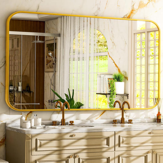 26 x 38 Inch Bathroom Mirror, Rounded Rectangular Vanity Mirror for Wall, Modern Mirror for Room Decor, Gold Framed Wall-Mounted Mirrors for Home Decor, Hangs Horizontally or Vertically