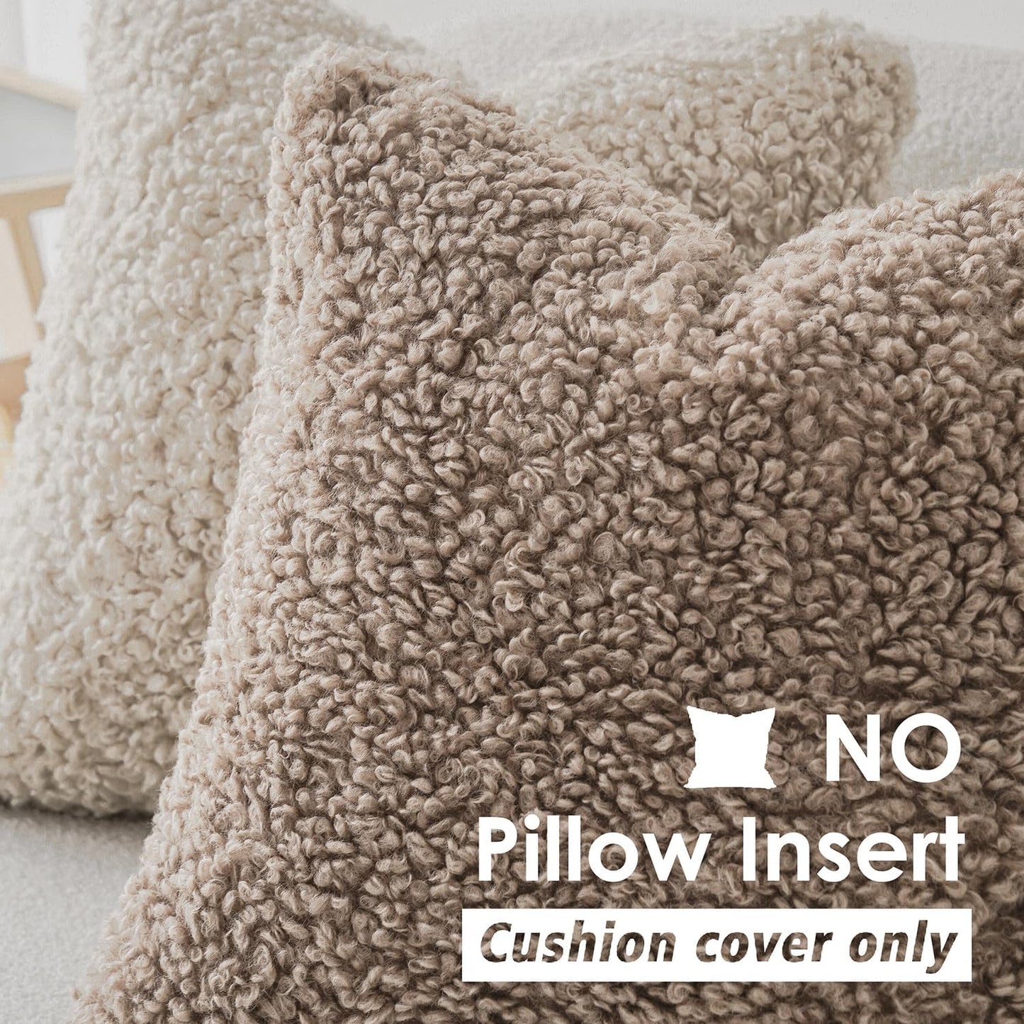 Foindtower Set of 2 Curly Teddy Wool Pillow Covers Decorative Boucle Textured Lumbar Throw Pillow Faux Fur Pillowcases Sheepskin Cushion Case for Sofa Bedroom Car 12"x20" Khaki