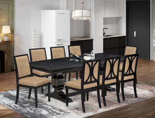 LKAM9-SBB-28 9-Piece Kitchen Table Set Consists of a Dining Table and 8 Beige Polyester Fabric Dining Chairs with High Back - Sand Blasting Black Finish